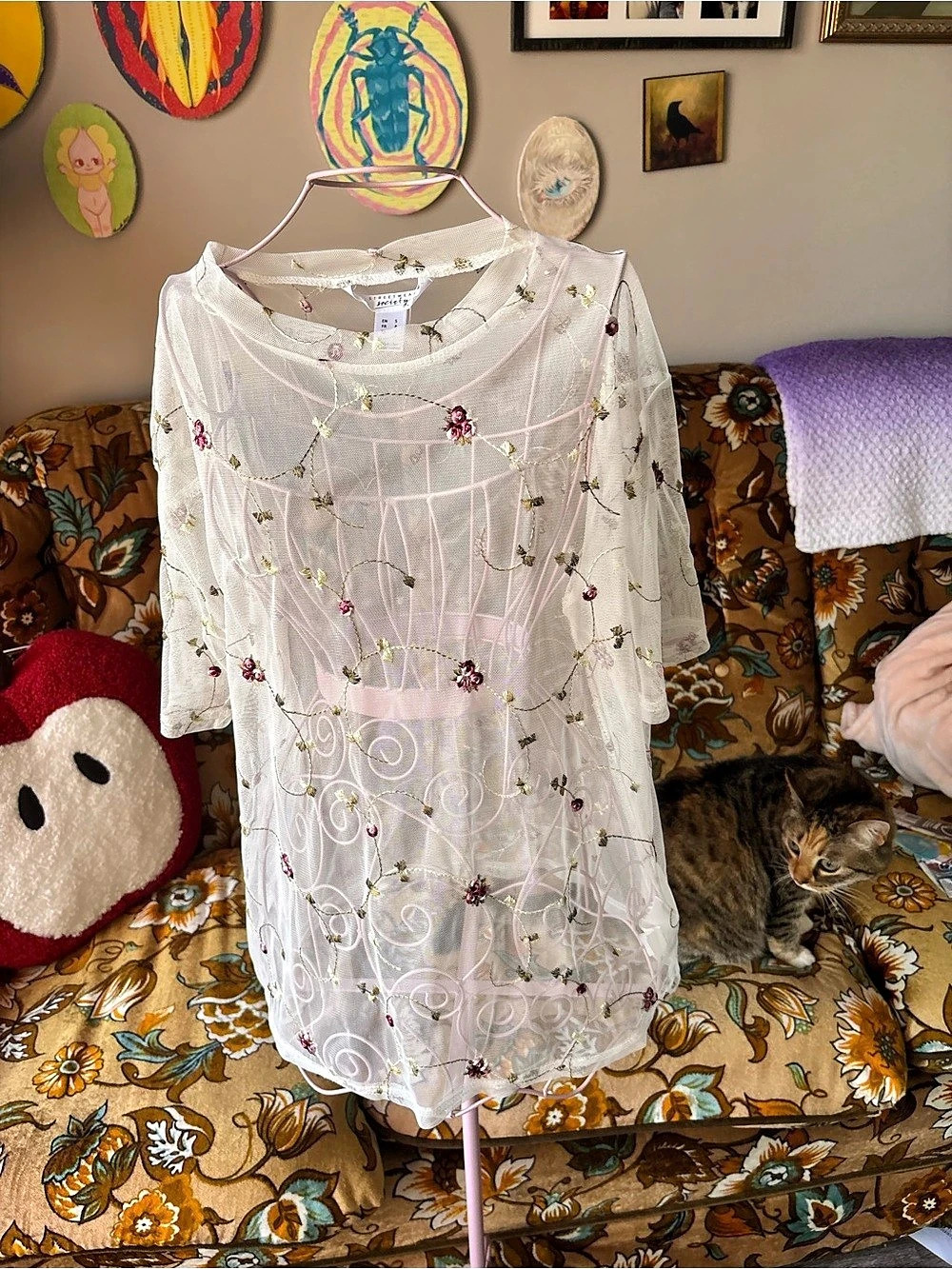 Streetwear Society Floral Embroidered Top White & Pink Small Like New